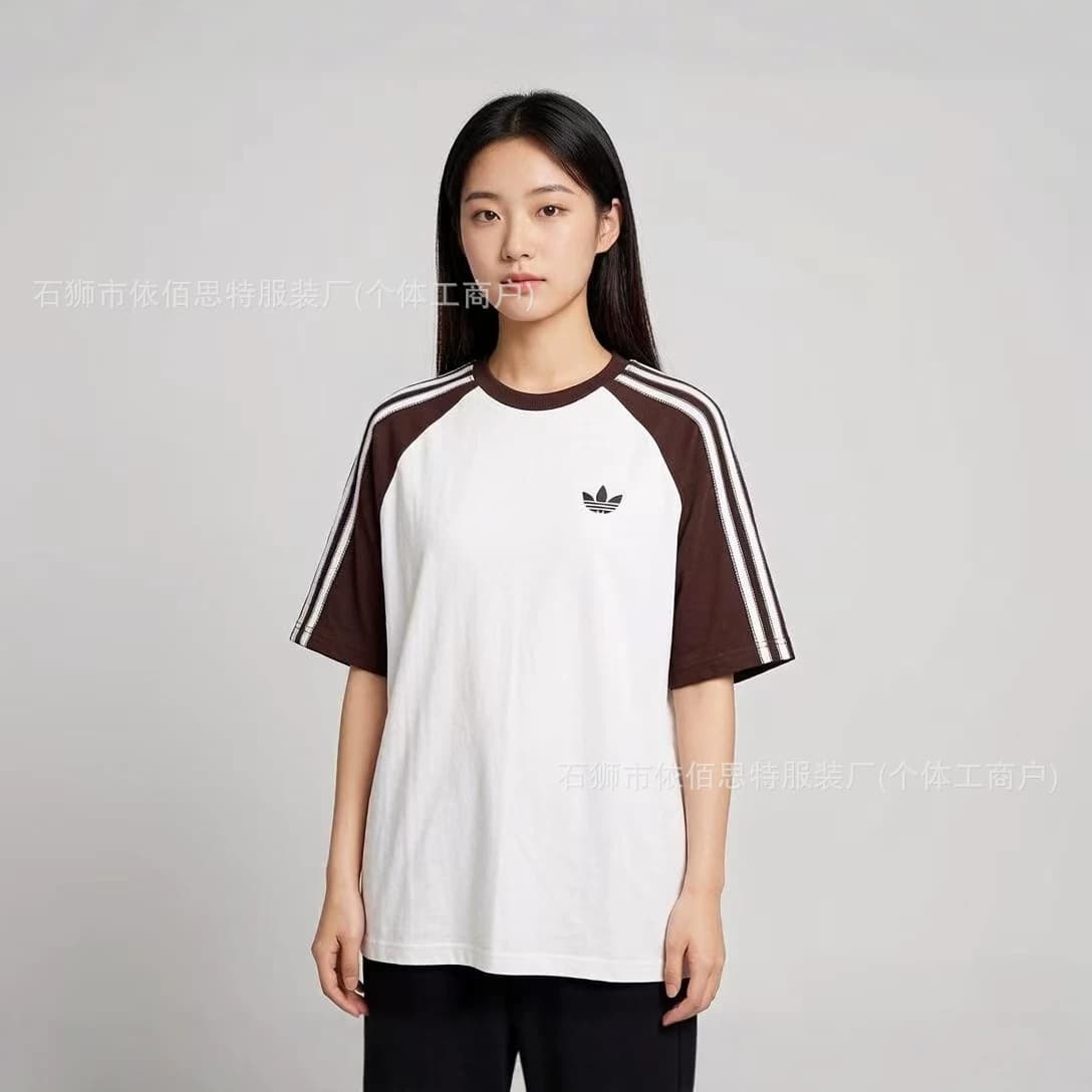 Cross-border Three-leaf Clover Embroidery American Retro Classic Three Stripe Vintage Drop Shoulder Contrast Color Couple Short Sleeve T-Shirt