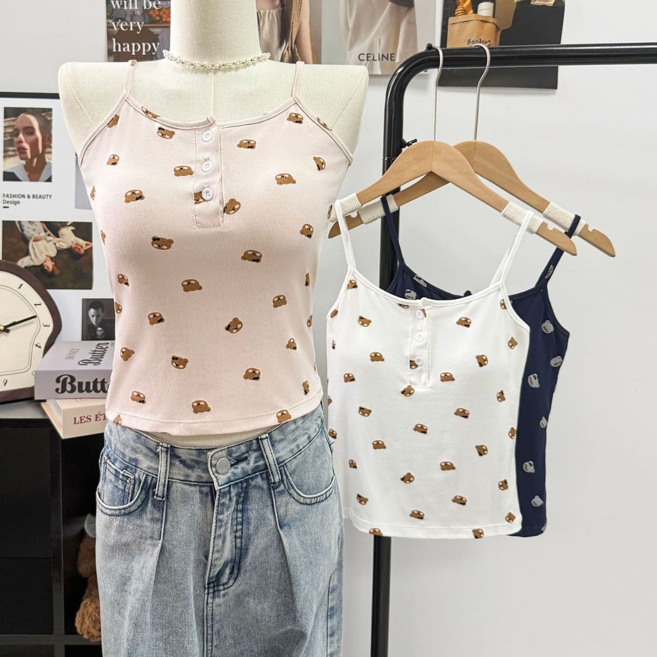 Sweet Girly Cartoon Bear Print Camisole Women's 2026 Summer New Style Back Top with Breast Pad