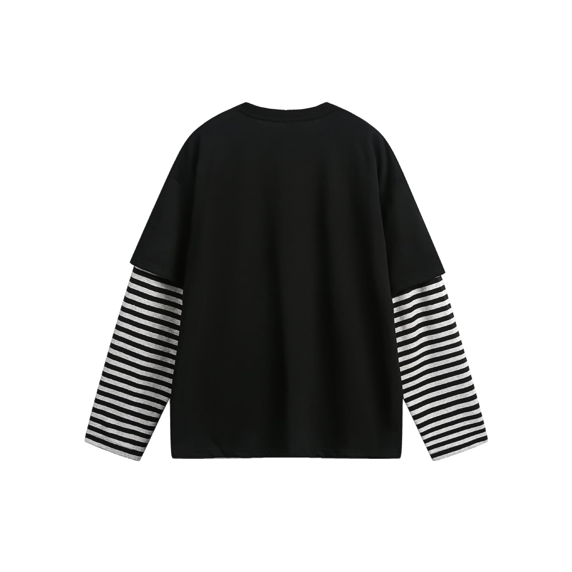 American Style Faux Two-Piece Striped Rock Print Long Sleeve T-Shirt Unisex Loose Edgy Spring Autumn Top Factory Direct
