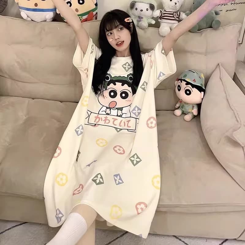 Summer Sleep Dress Women Mid-Length 2026 New Thin Cartoon Sweet Cute Plus Size Pajama Homewear Wearable Outside