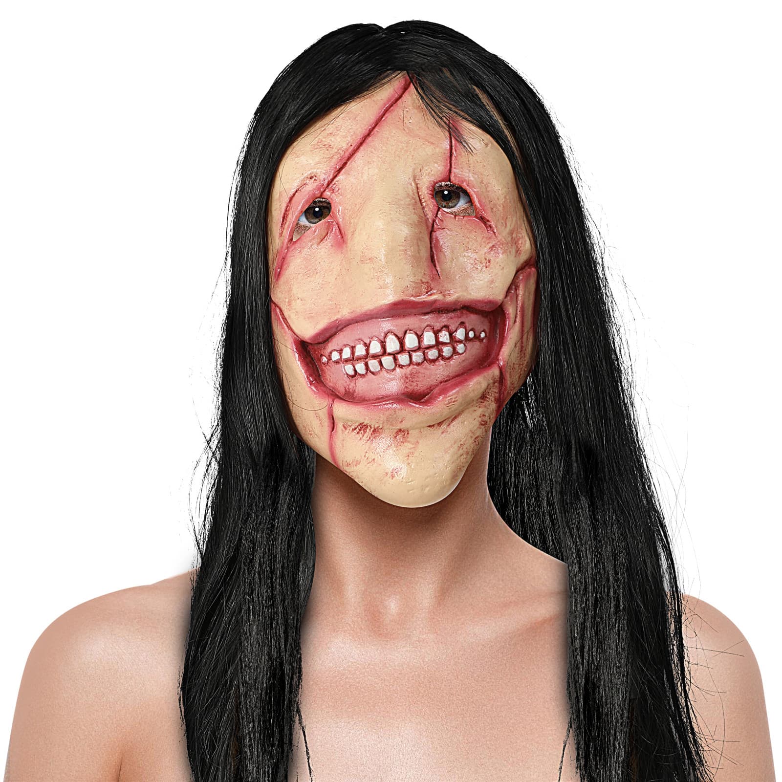 Halloween scary long-haired devil mask, red-faced devil mask, toothy devil latex long-hair mask