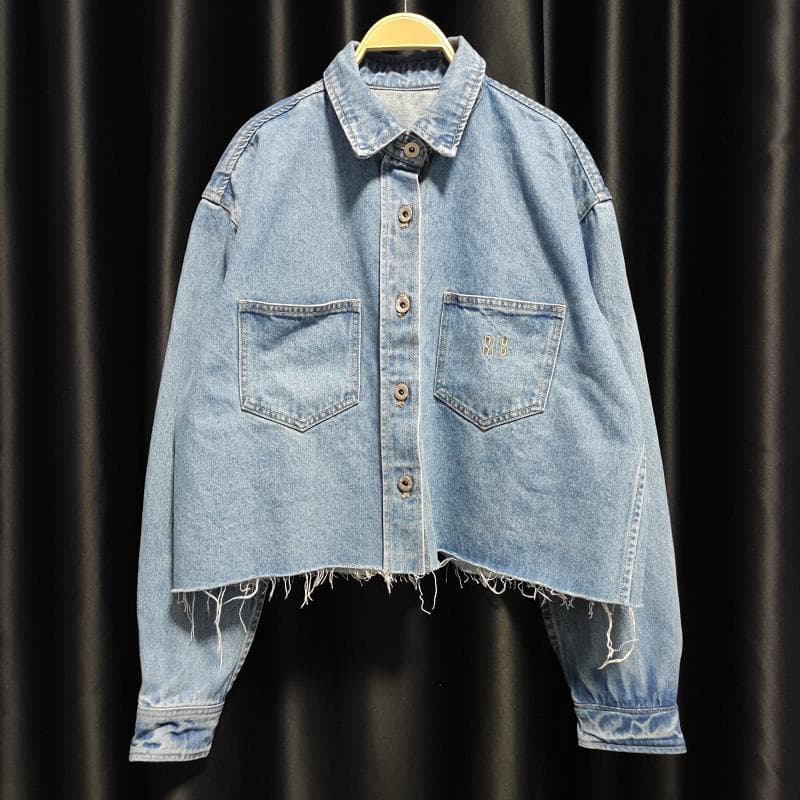 American Vintage Loose Denim Jacket for Women with Ripped Design, Notched Collar, Long Sleeves, Trendy New Style