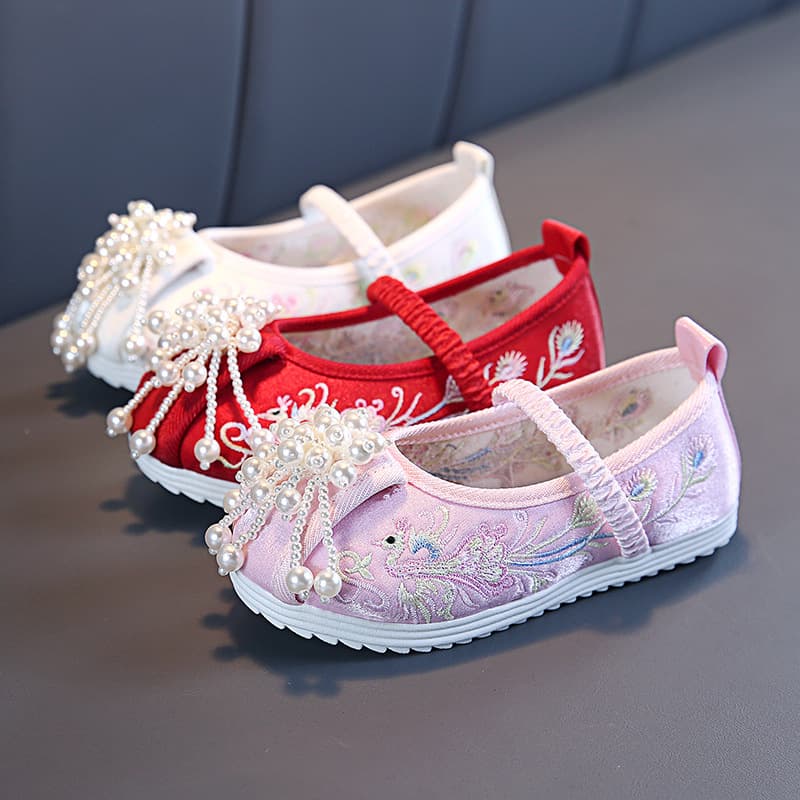 Factory Direct Children's Horse Face Skirt Shoes, Girls' Embroidered Ancient Style Qipao Shoes, Jade Bead Hanfu Performance Shoes
