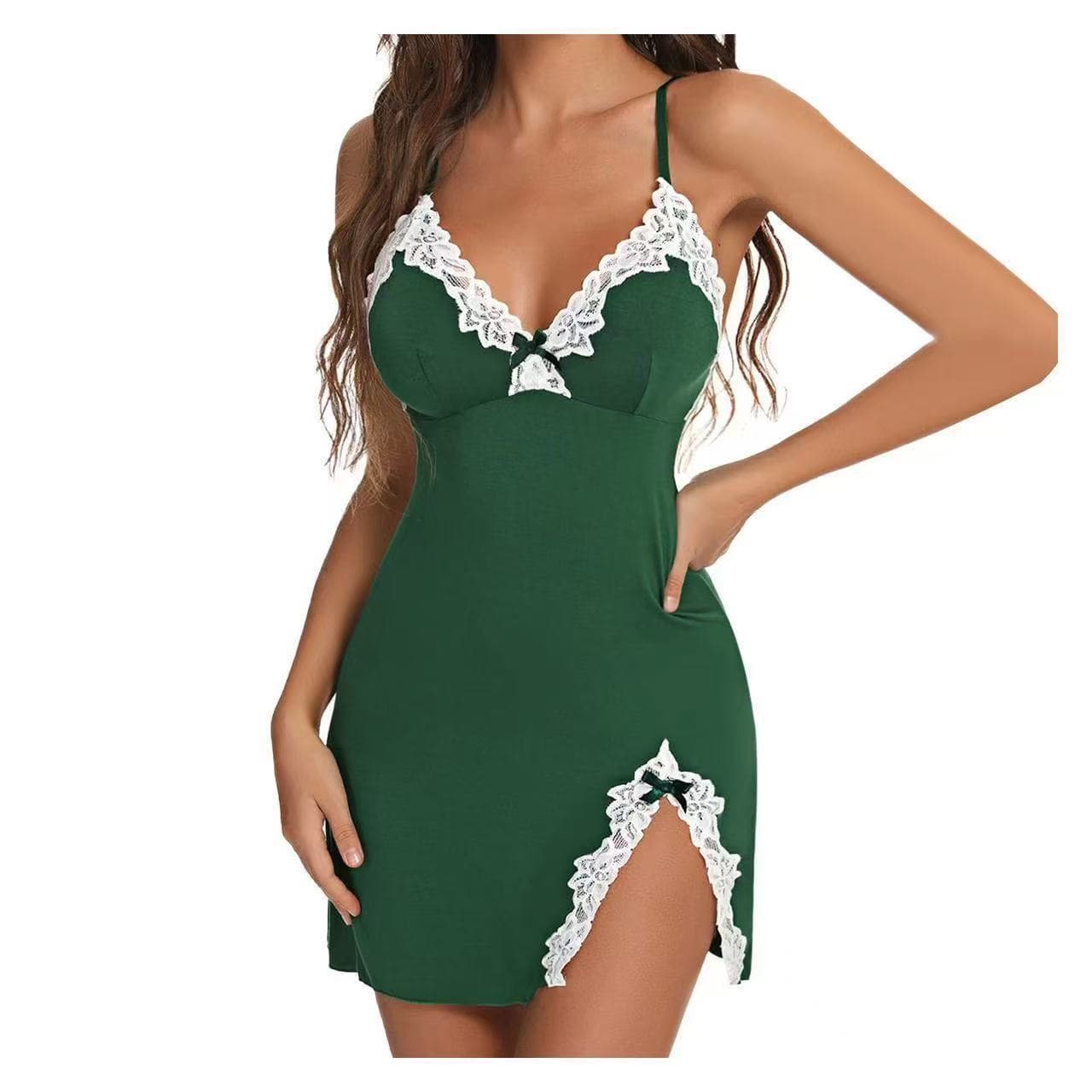 Milk silk European and American large size sexy lingerie gathered sexy deep V bow side slim suspender nightgown set