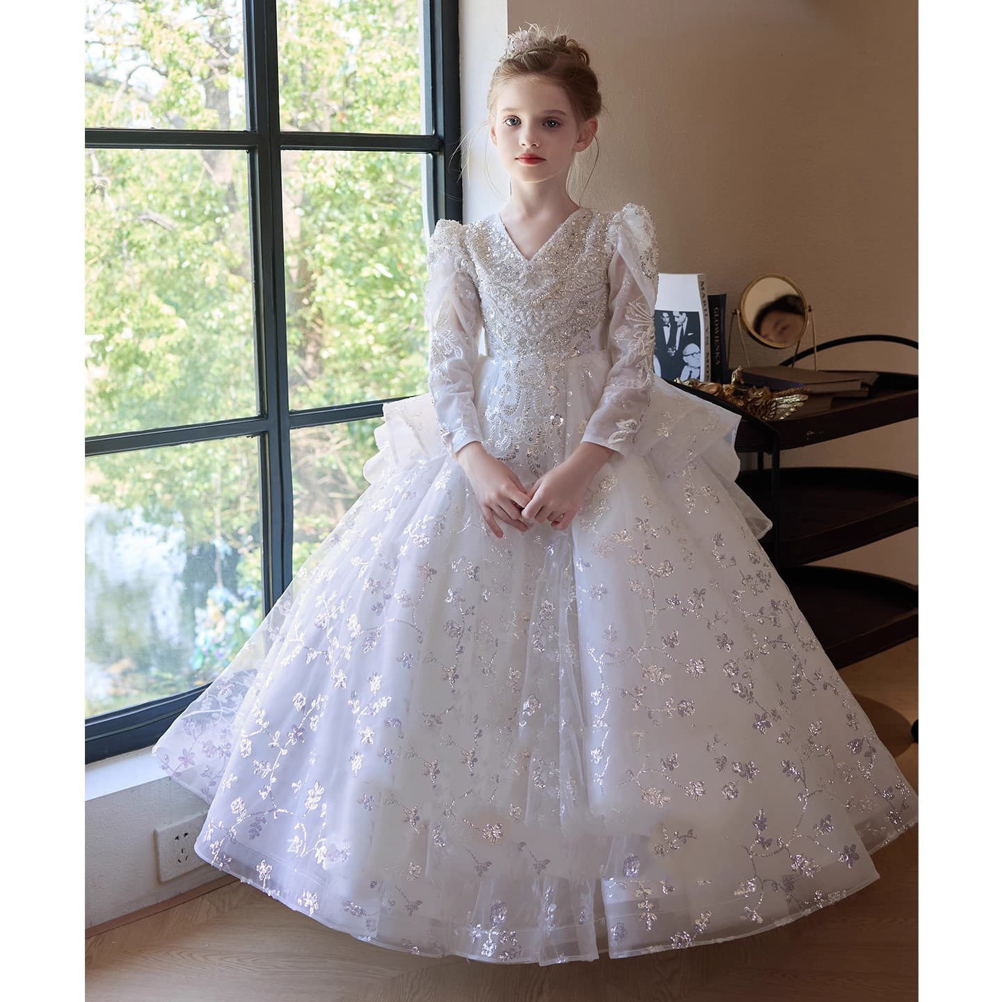 Girls' Formal Dress Flower Girl Wedding Birthday Dress 2026 New Summer Princess Tutu Dress White Long Sleeve