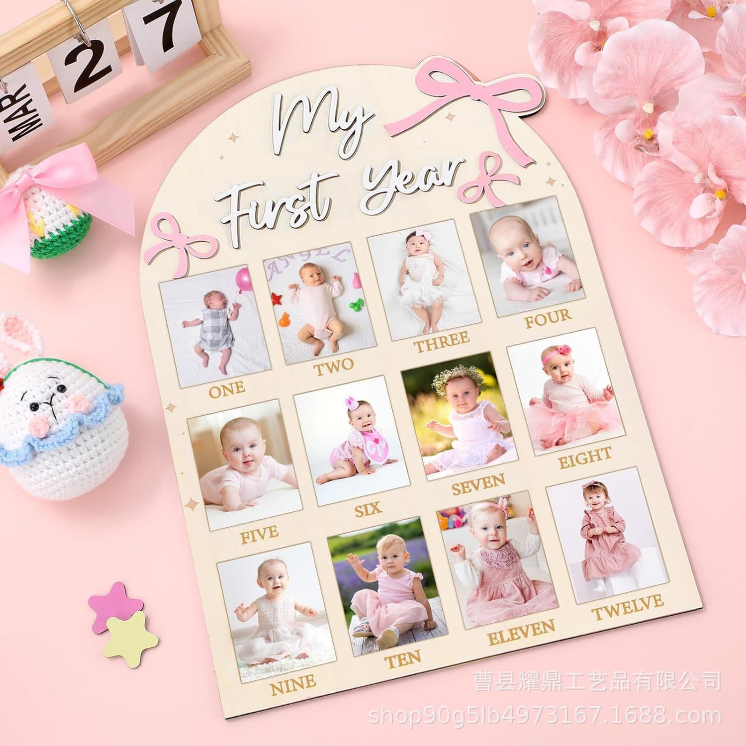 Custom photo board cross-border children's first birthday milestone frame, 12-month pink party photo frame