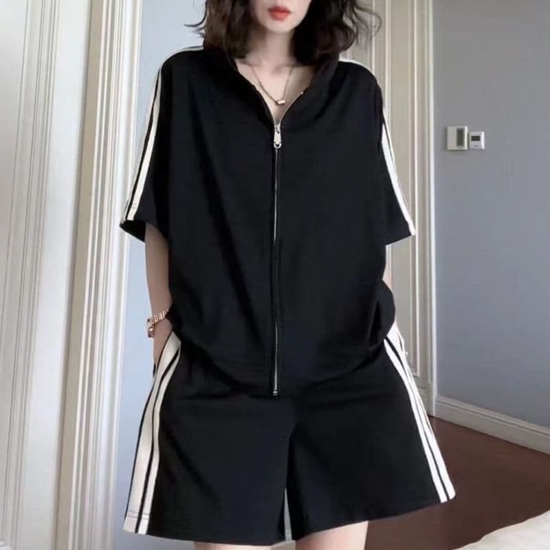 Sportswear Set for Women 2026 Summer Korean Loose Fashion Zip-Up Short Sleeve Wide-Leg Shorts Plus Size Youthful Two-Piece Set