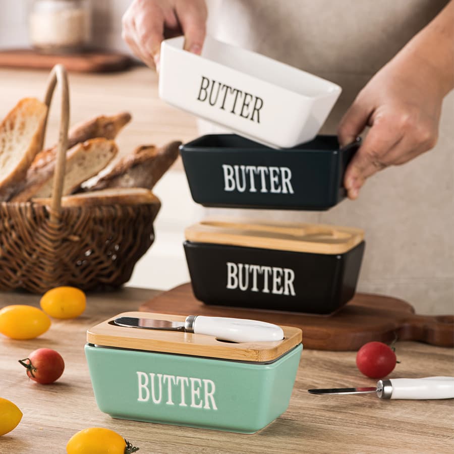 Ceramic butter box cross-border hot sale Ceramic rectangular butter dish with knife Ceramic cheese butter box with wooden lid