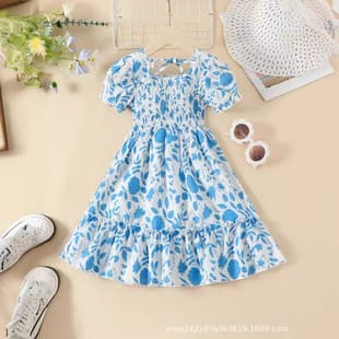 Girls' Summer Dress New Thin Style Sweet Fresh Floral Print Dress Short Sleeve Dress for Girls