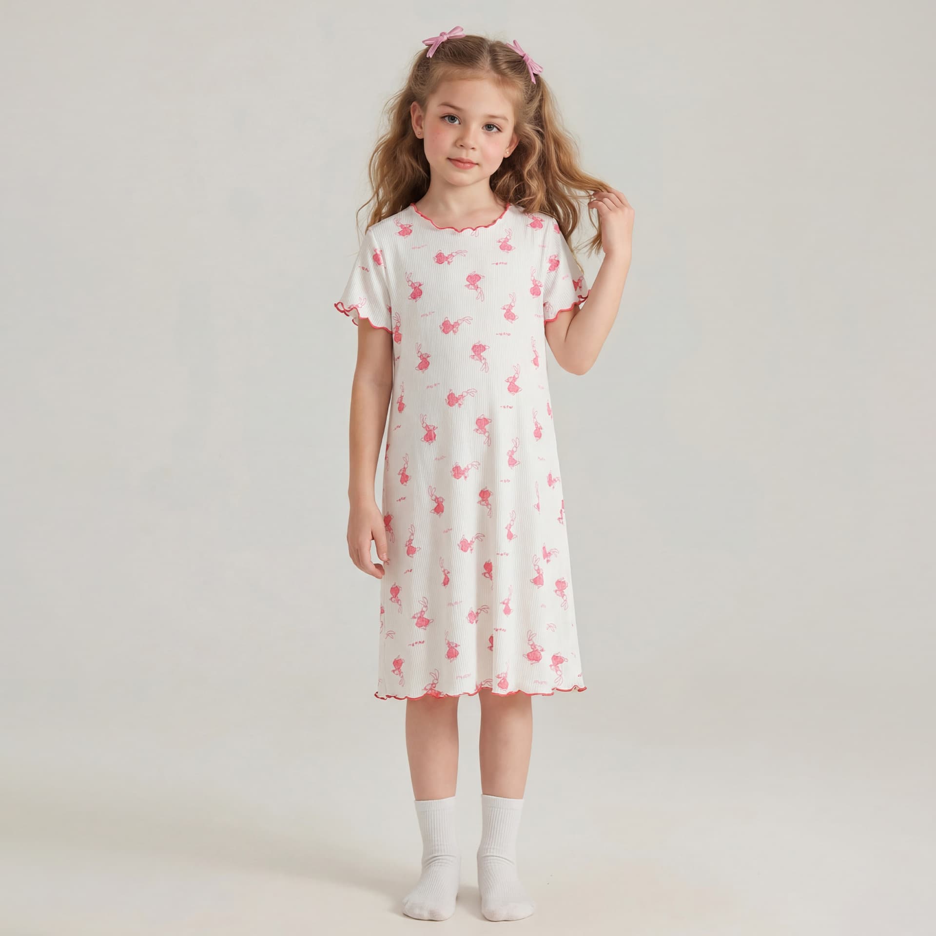 Summer New Girls Bamboo Cotton Sleep Dress Short Sleeve Homewear Breathable Thin Kids Dress Korean Style