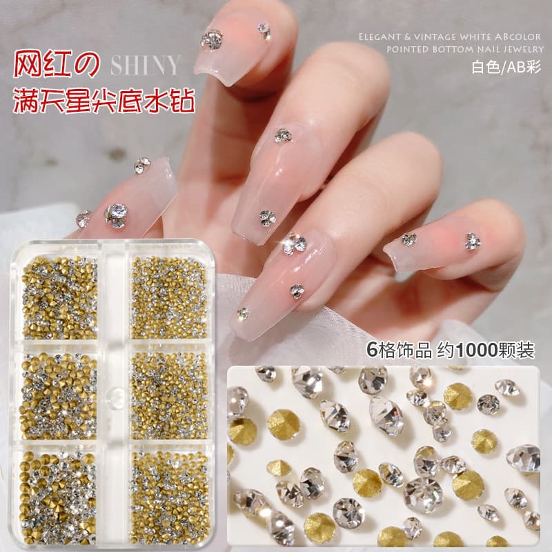 Internet Celebrity Starry Sky Gold Base White Diamond Ab Color Diamond Pointed Base Approximately 1000 Pieces Box Set Small Size Austrian Diamond Nail Art Decorations