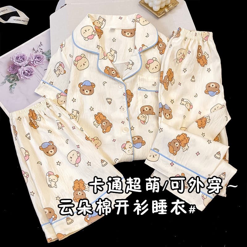Korean style summer children's pajamas for girls, cloud cotton three-piece set, princess girls, medium and large children, air-conditioned home clothes, children's clothing