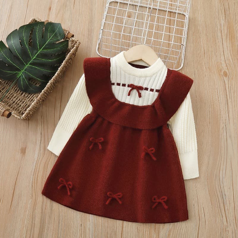 2025 Autumn/Winter New Little Girl Bow Knitted Long Skirt Children's Sweater Dress