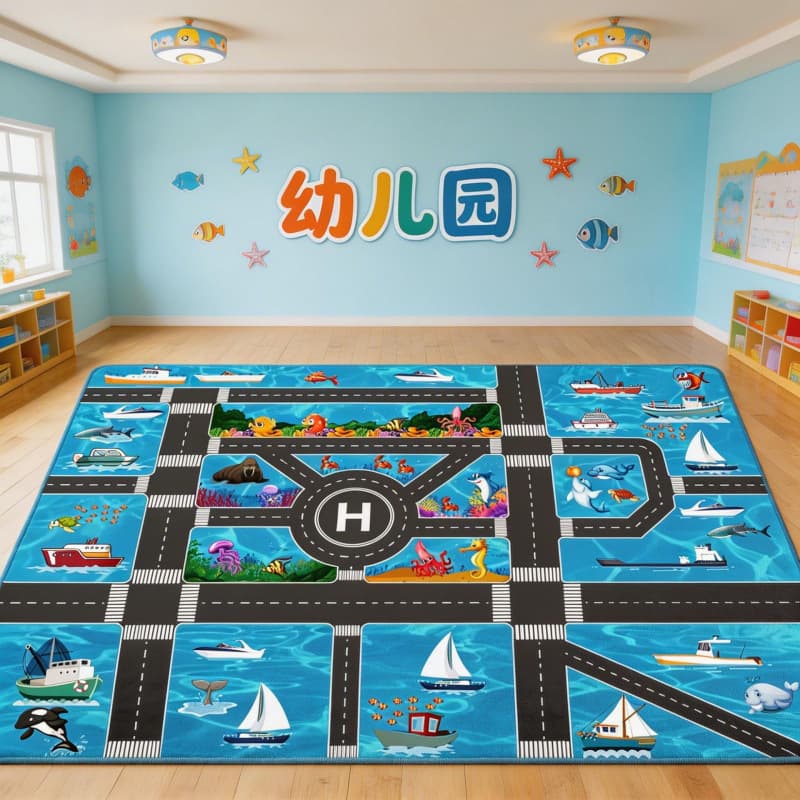Cartoon City Car Track Game Rug for Kids - Early Education Educational Floor Mat, Indoor Carpet
