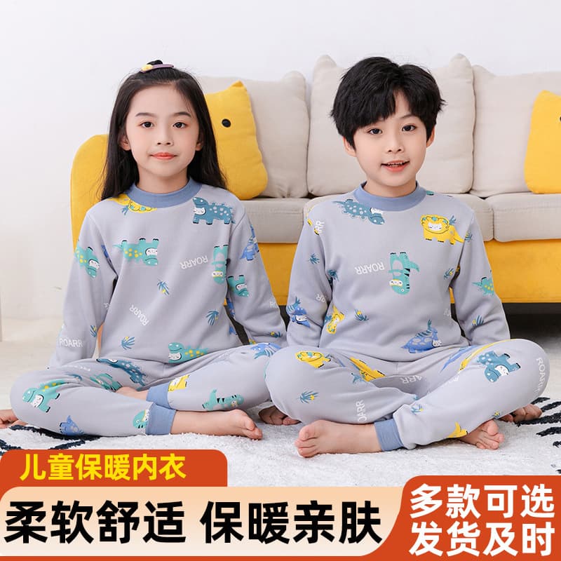 Kids Thermal Underwear Set Baby Fleece Lined Mid-Collar Boys Girls Autumn Winter Top and Pants Sleepwear