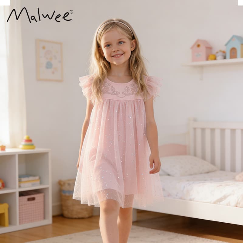 Cross-border Malwee Girls Princess Dress Summer New Style European and American Kids Round Neck Tulle Dress Cute Casual Dress