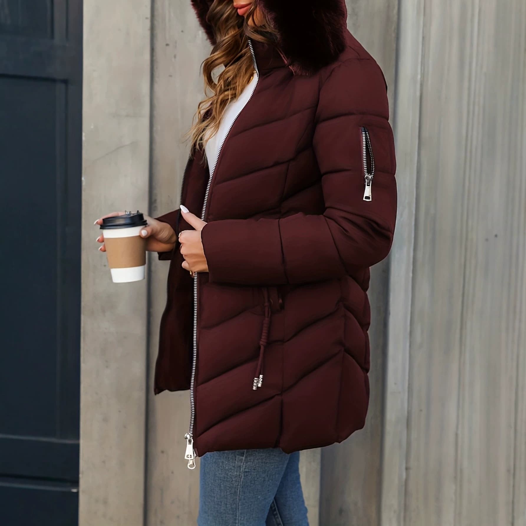 European and American cross-border best-selling cotton coat, vintage waist-tightening, slim-fit, mid-length, with fur collar and hood, autumn and winter casual warm outerwear