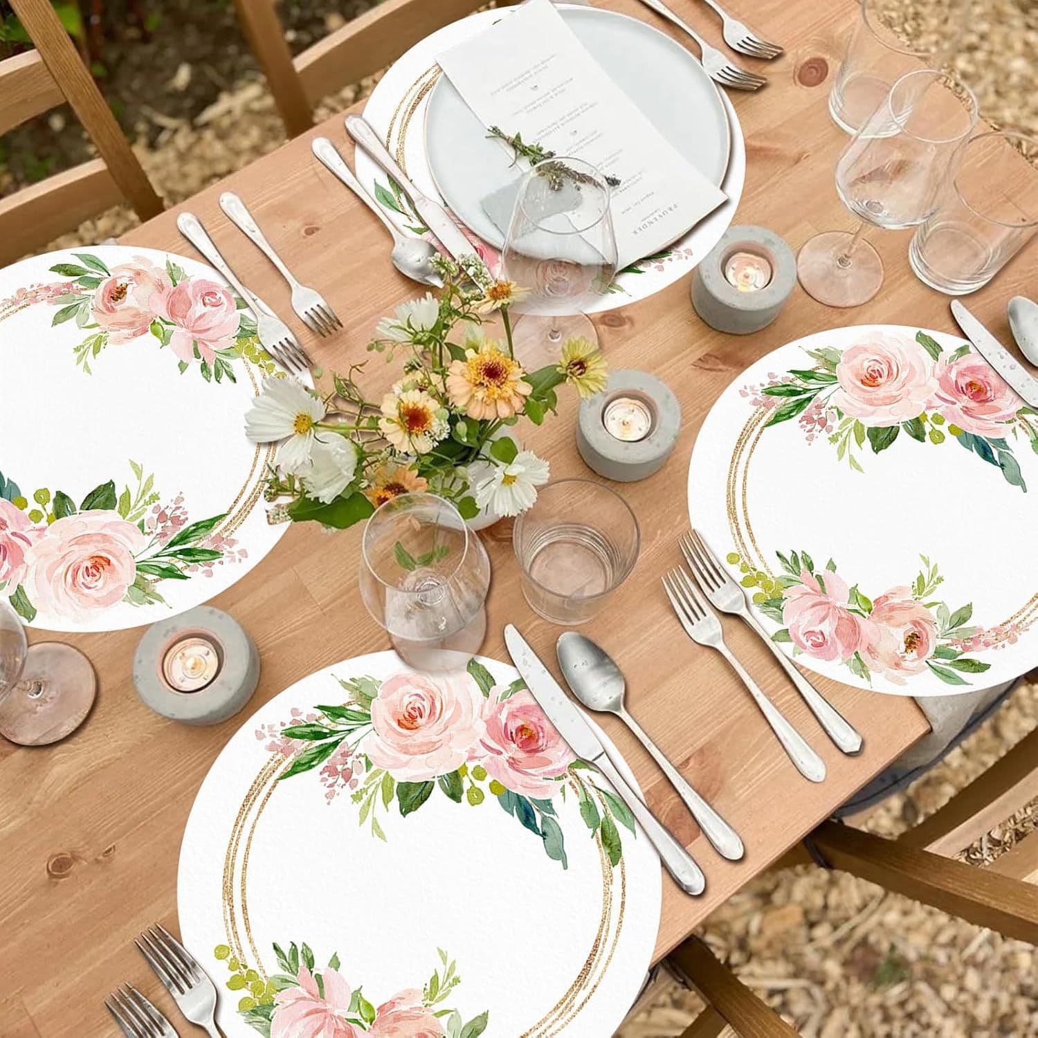 Cross-border Amazon Pink Floral Wedding Disposable Paper Placemats with Rose Patterns, Round for Parties