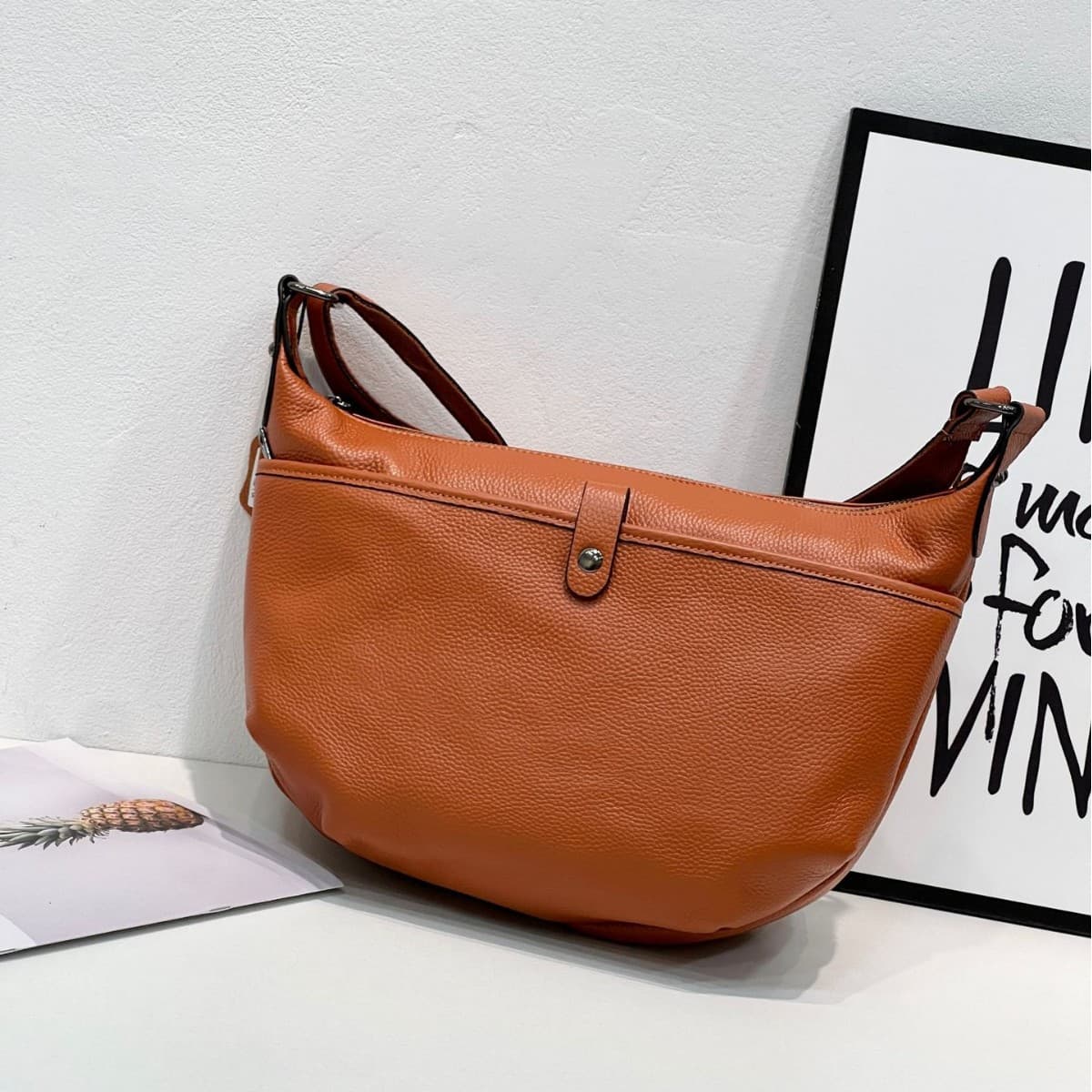 First layer cowhide full leather square bag crossbody horizontal square bag popular fashion niche women's shoulder practical soft leather bag