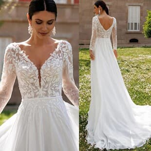 Export Wedding Dress 2026 New Lace French Applique V-Neck Travel Photo Long Sleeve Main Wedding Dress Slim Fit Formal Gown