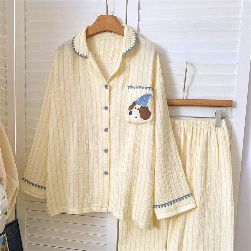 Spring Women's New Cloud Cotton Pajama Set, Long Sleeve with Small Turn-Down Collar, Long Sleeve & Long Pants, Casual Loungewear