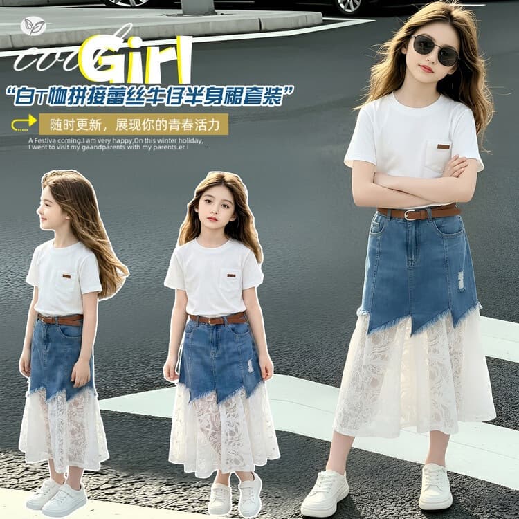 Girls Korean Summer 2026 New Style Short Sleeve T-Shirt with Lace Trim Denim Skirt Two-Piece Set for Older Children