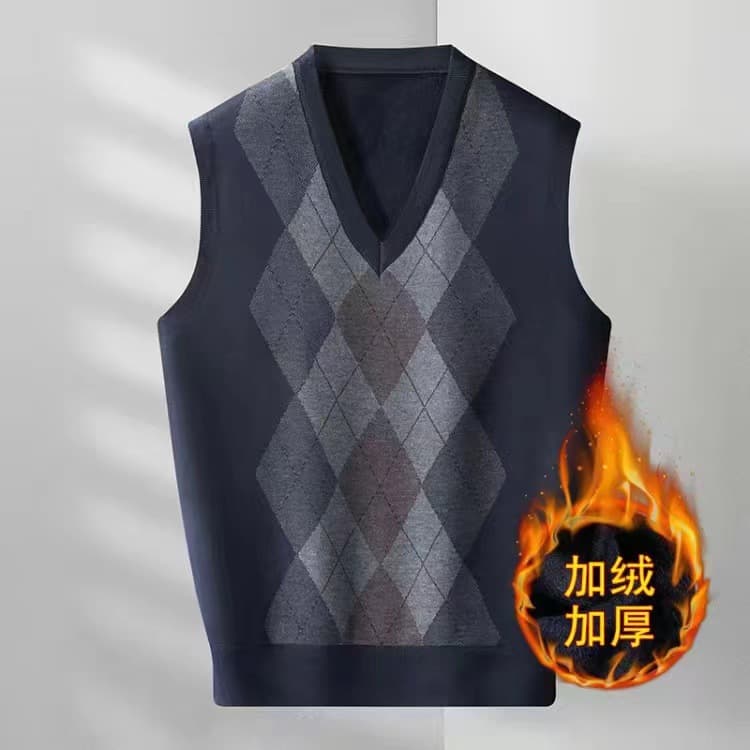 Drop Shipping Autumn/Winter Men's Fleece-Lined Thick V-Neck Diamond Pattern Vest Casual Jacquard Sweater Pullover Vest