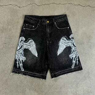 American Retro Casual Street Print Denim Shorts Men's Cross-border Loose Original Wash Denim Five-point Shorts