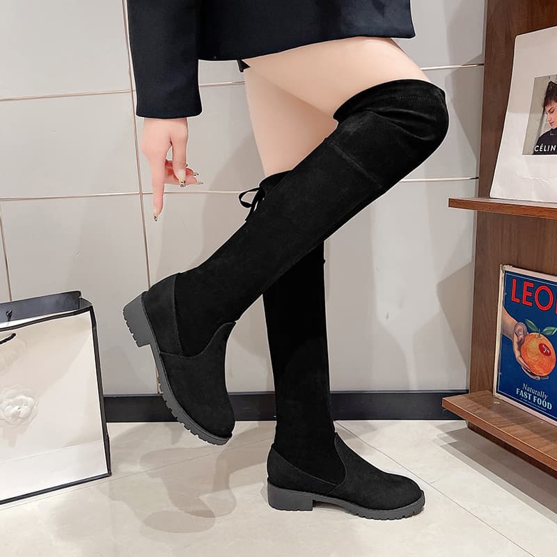 Plus Size Round Toe Slim Knee-High Boots for Women, Export 2024 Suede Winter Lace-Up Back Cross-Border Low Heel Stretch Slim Fit Boots