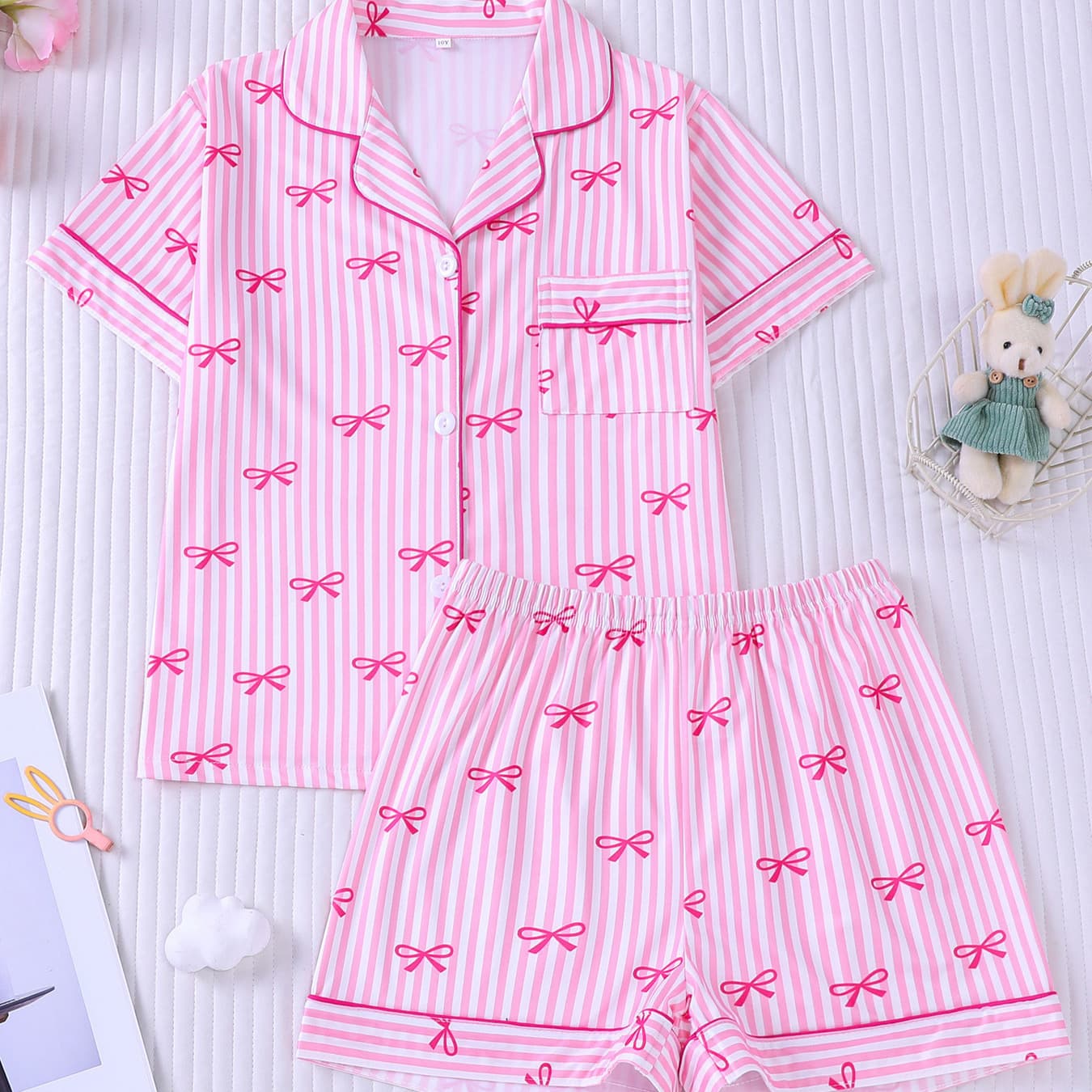 Bow Print Kids Loungewear Lapel Cardigan Short Sleeve Pants Summer Thin Kids Pajamas Two-Piece Set