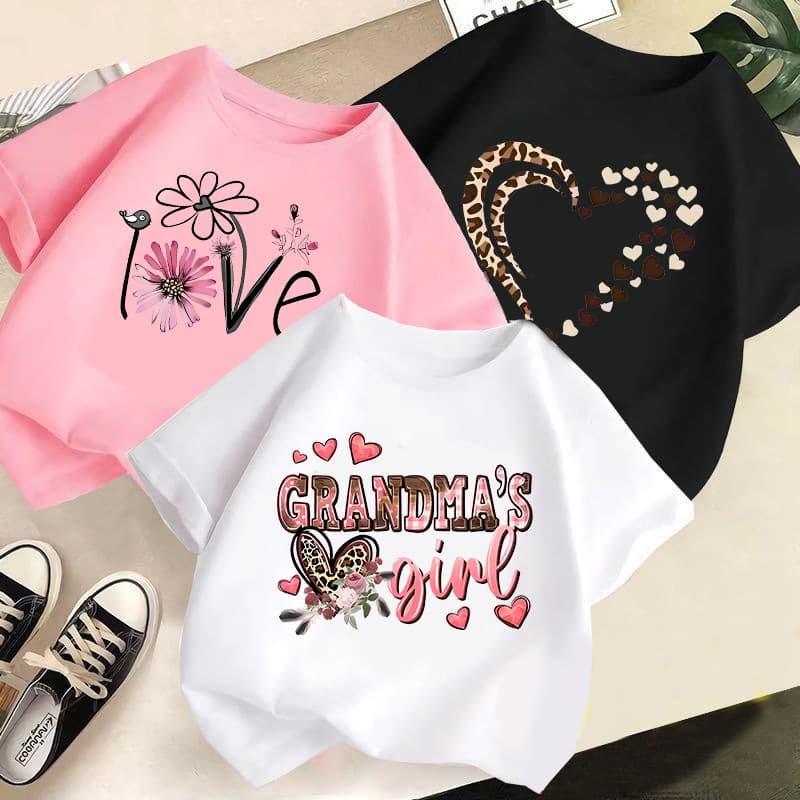 Summer Fashion Girls T-Shirt Kids Short Sleeve Heart Print Top Cross-Border Children's Cotton Loose Short Sleeve Trend