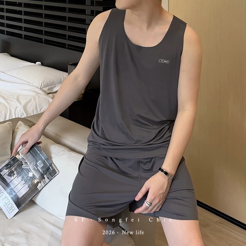 4002 Sleeveless Men's Pajamas, Summer Sportswear Style Ice Silk Breathable Seamless Shorts Set, Casual Outerwear, Homewear