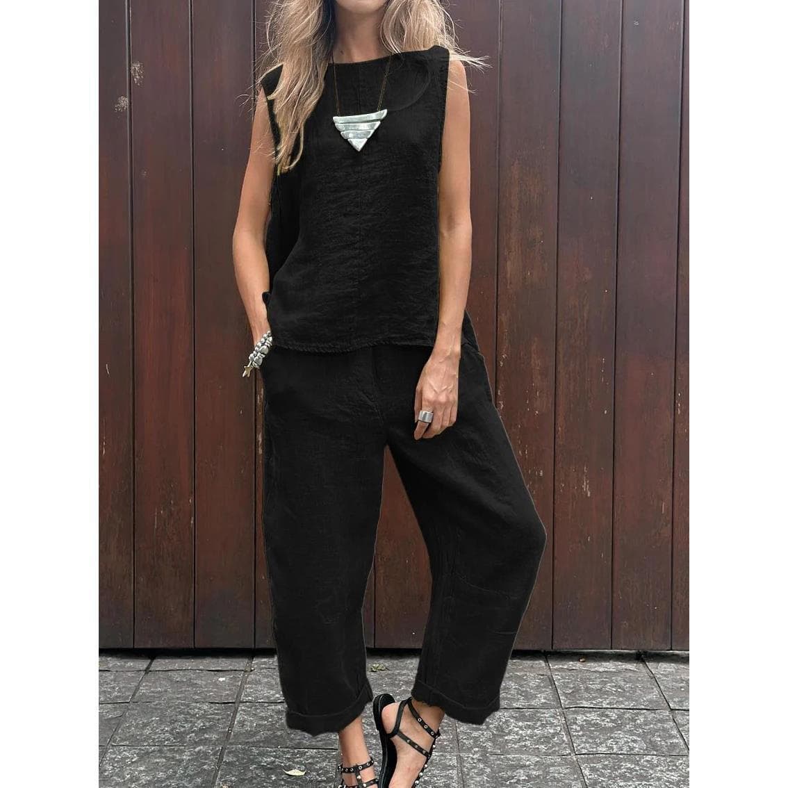Southeast Asian spring/summer plus-size loose cotton-linen elegant casual sleeveless pants, fashionable sportswear set, export wholesale
