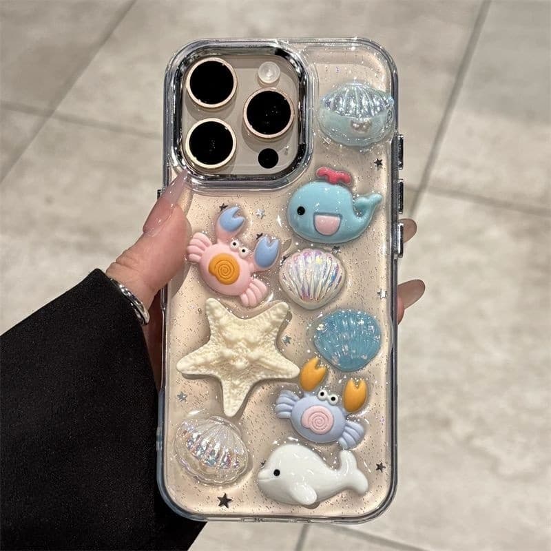 Summer Fresh 3D Resin Ocean Theme Case for iPhone 16, Cute, iPhone 15, Clear, iPhone 14, Cartoon, iPhone 13/12, Drop Protection, iPhone X