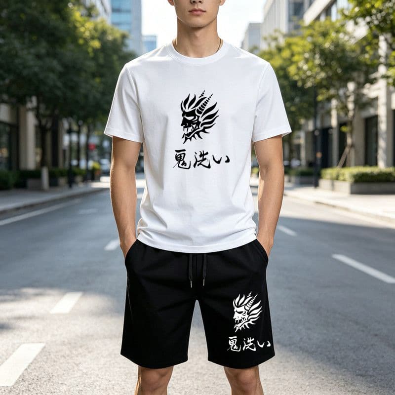New Summer Men's Cotton Short Sleeve Shorts Casual Ghost Wash Set Men Women Couple Sportswear Set