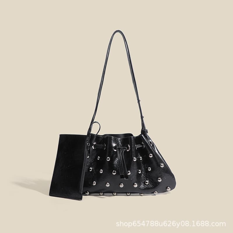2025 New Cropped Studded Women's Underarm Bag Fashionable Versatile Handheld Bucket Bag Single Shoulder Tote Bag