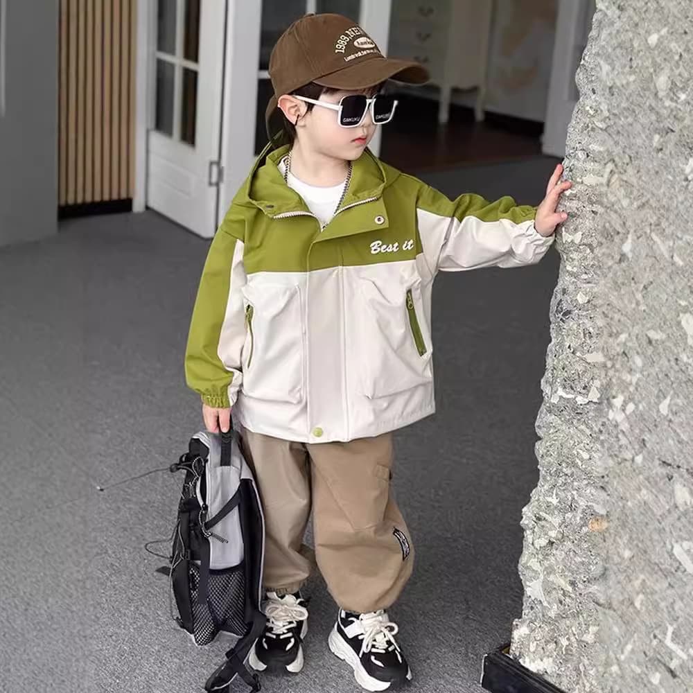 Boys' Color-Block Jacket Spring/Autumn 2024 Trendy Hooded Windbreaker for Kids, Stylish Baby Fall Clothing