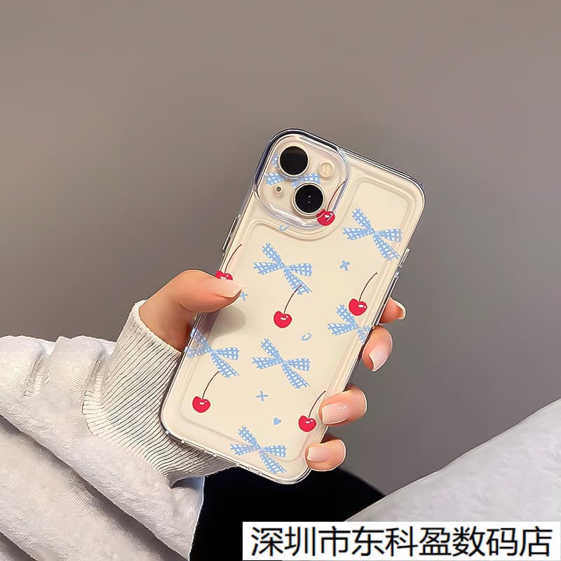 Simple bow cherry design silicone phone case compatible with Apple 17 Pro Max, iPhone 17/16/15, and 14/X models.