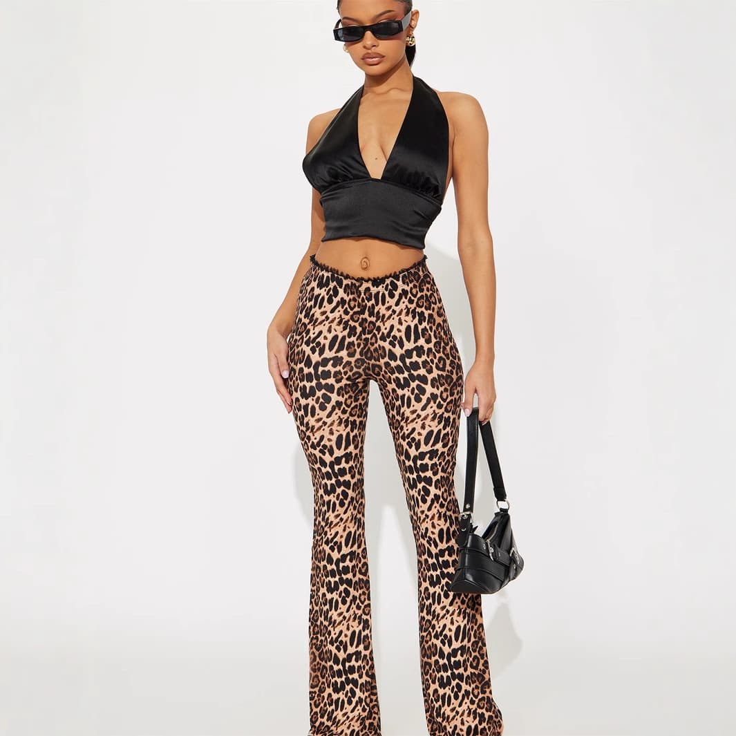 European and American style cross-border foreign trade new women's casual pants leopard print lace splicing mid-waist slim-fit hip lifting pants