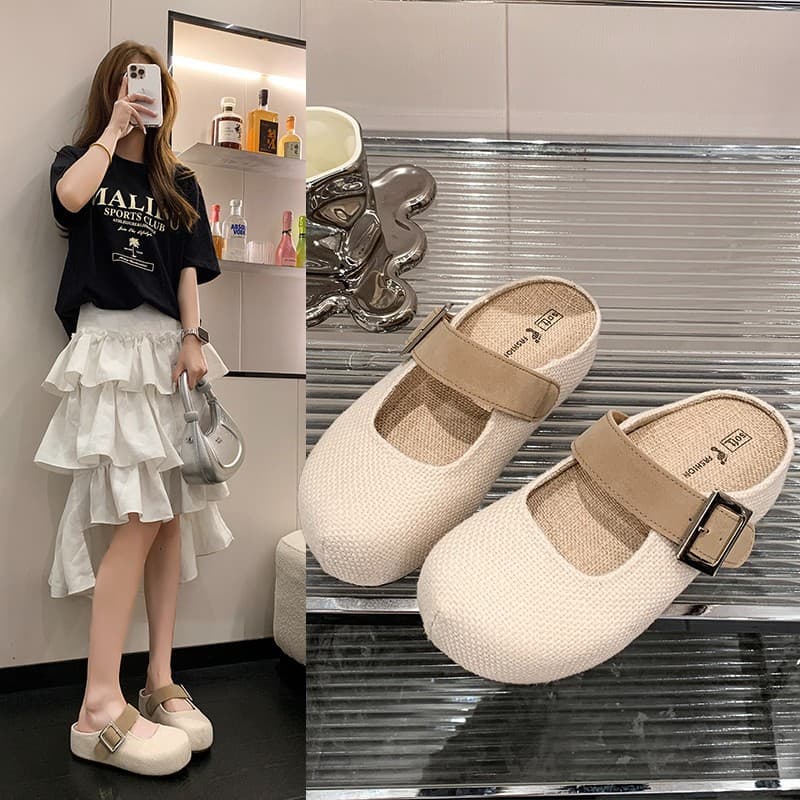 French braided half-slippers for women's summer outer wear, soft-soled flat slippers, breathable sandals