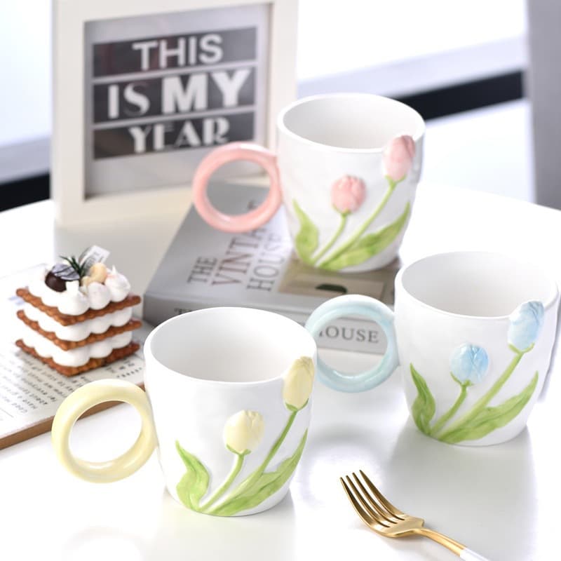 Creative small fresh tulip three-dimensional relief flower ceramic cup office afternoon tea coffee romantic hand-painted mug