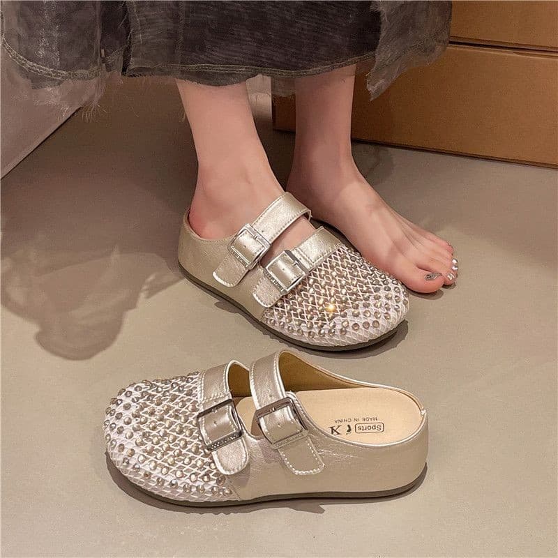 2026 Summer Thick-Soled Birkenstock-Style Closed-Toe Half-Slippers for Women, New Style Women's Shoes with Mesh Woven Design, Suitable for Pairing with Dresses