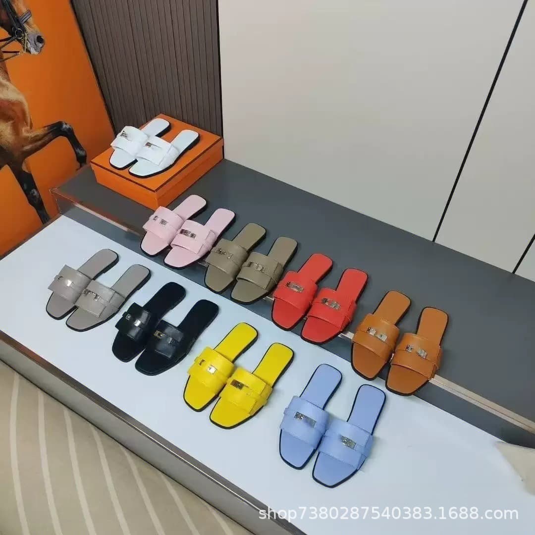 Cross-Border Version High Quality H Small Silver Buckle High Version One-Band Flat Fashion Women's Slippers Foreign Trade Factory