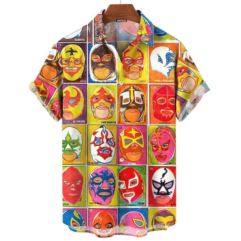 Men's Hawaiian Shirt with Mexican Wrestling Print, Streetwear Fashion Summer New Short Sleeve