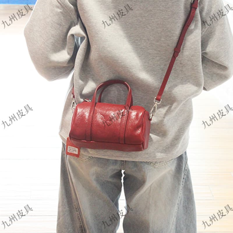 Niche Genuine Leather Women's Bag Small Boston Red Crossbody Bag Casual Simple Versatile Handbag Cylinder Bag for Women