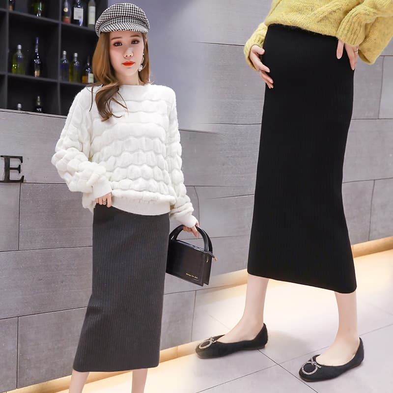 2024 New Autumn/Winter Maternity Pencil Skirt, Slit Knit Bodycon Step Skirt, Mid-Length Thickened Maternity Skirt