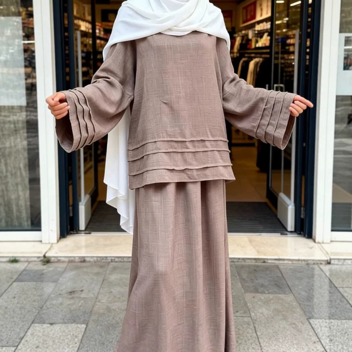 New Cross-Border Women's Two-Piece Set: Pleated Long-Sleeve Top and Loose Midi Skirt, No Headscarf, Export Women's Fashion K211