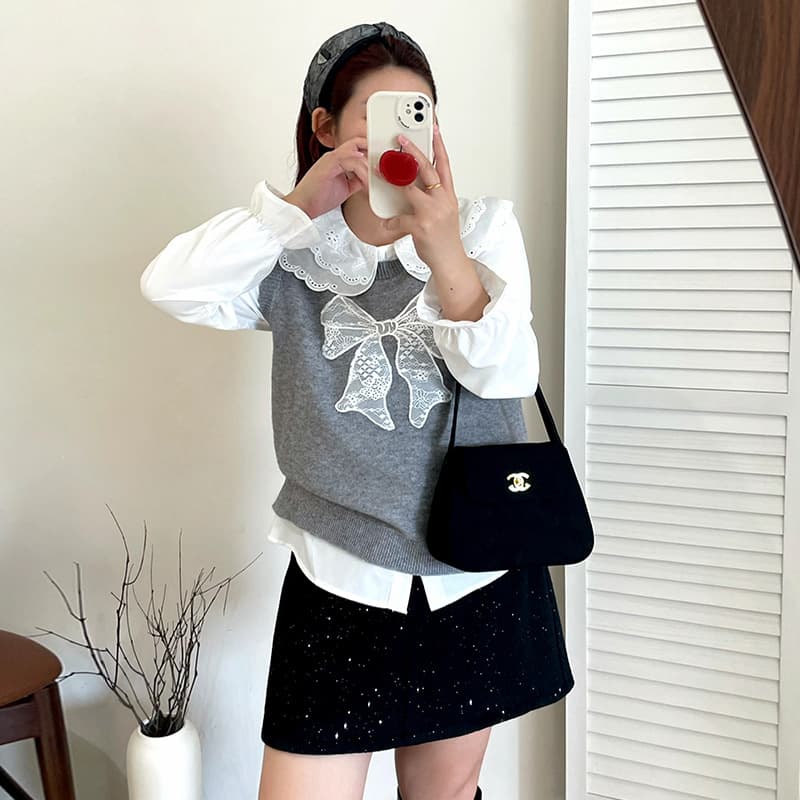 Plus Size Women's Lace Bow Knit Vest 2025 Autumn Style Plus Size Outerwear Inner Wear Sleeveless Top 23188