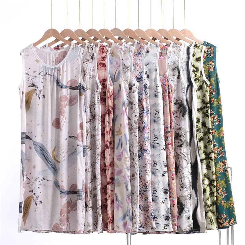 Plus Size Cotton Silk Dress Summer Loose Floral Print Women's Nightgown Sleepwear Comfortable Home Clothes Sleeveless Gown