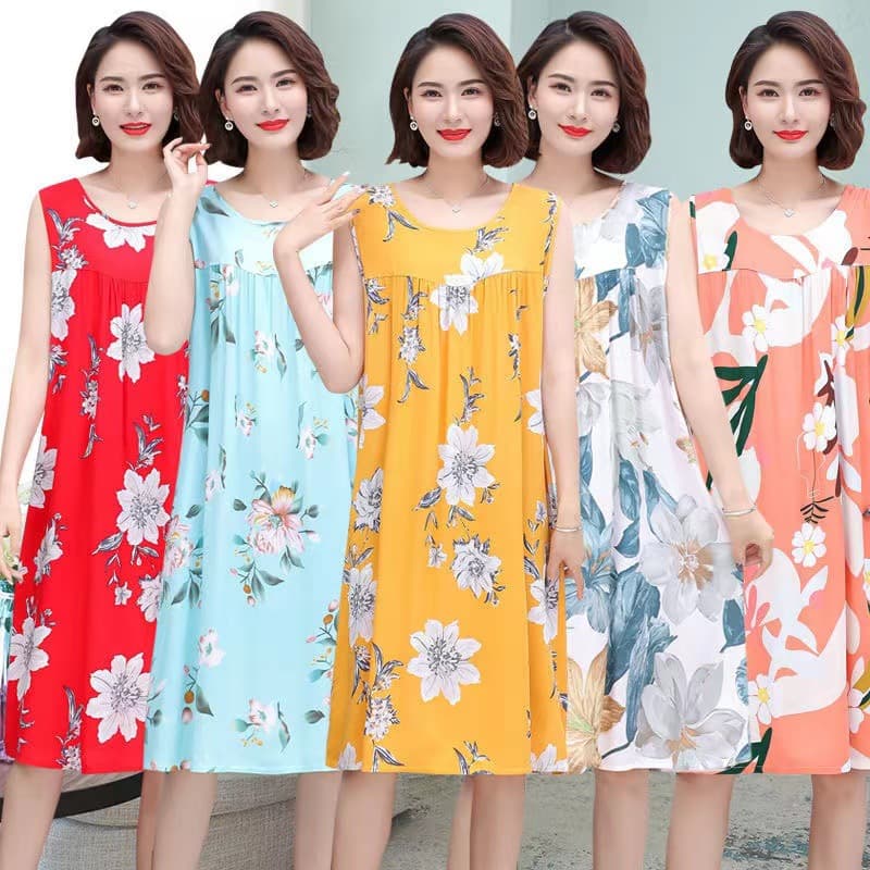 Women's Summer Plus Size Sleeveless Cotton Silk Mid-Length Loose Dress Nightgown for Middle-Aged and Elderly Pajamas Home Wear
